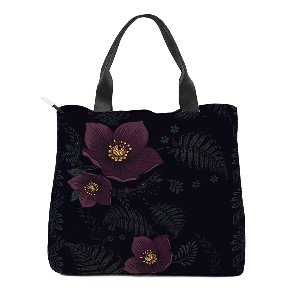 Vespertine Tote Bag - back view with dark hellebore and tribal fern pattern
