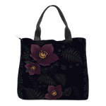 Vespertine Tote Bag - back view with dark hellebore and tribal fern pattern