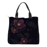 Vespertine Tote Bag - back view with dark hellebore and tribal fern pattern