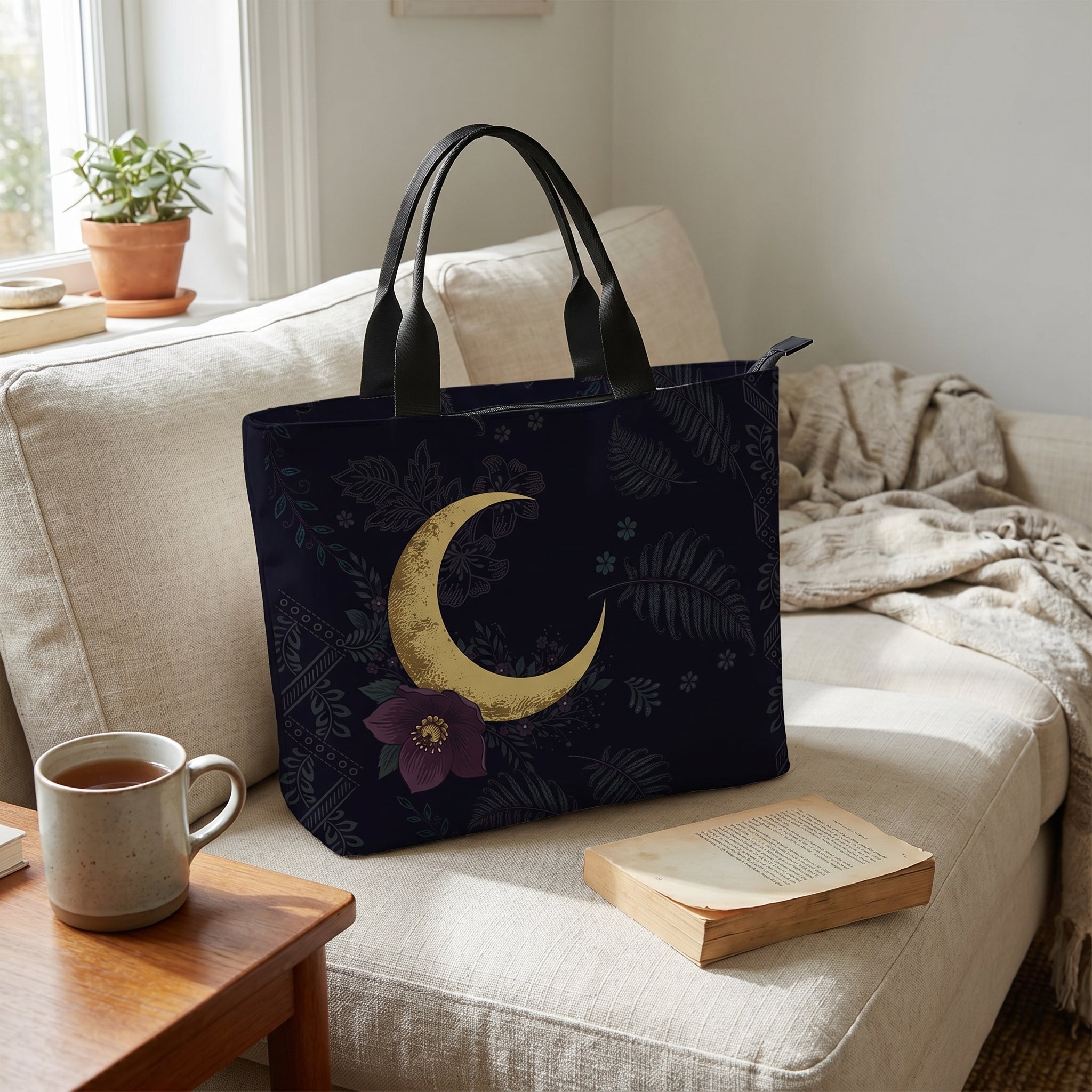 Vespertine Tote Bag - indoor lifestyle on sofa with morning mug