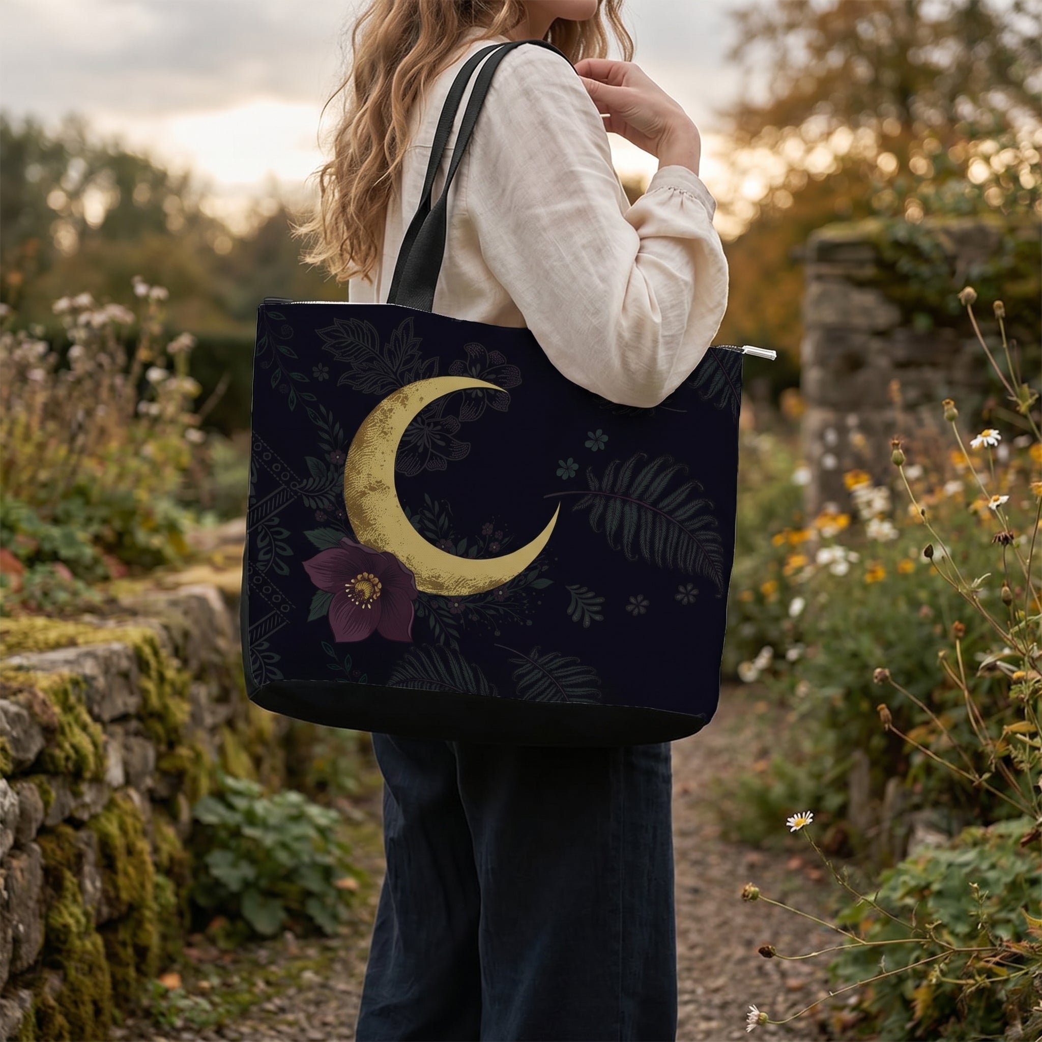 Vespertine Tote Bag - outdoor lifestyle in garden walk