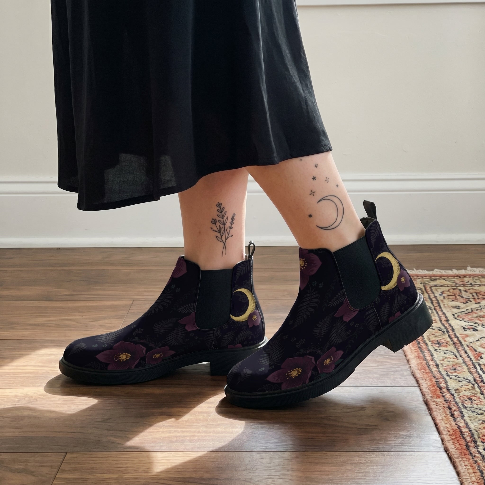 Vespertine Chelsea Boots worn with black skirt indoor lifestyle