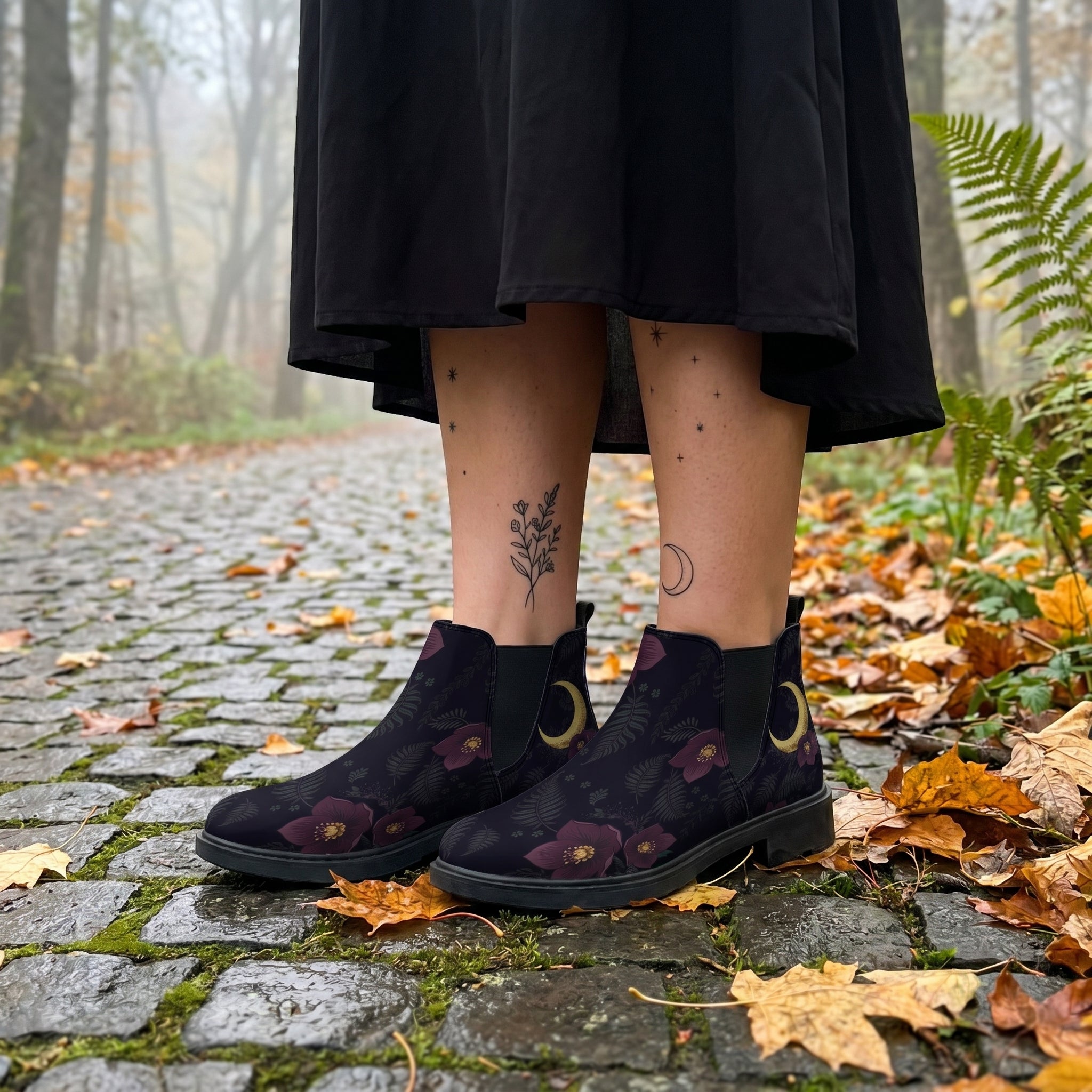 Vespertine Chelsea Boots on cobblestone autumn forest path