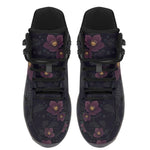 Vespertine Hiking Boots — plum hellebore and gold crescent moon print on midnight navy, top view