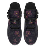 Vespertine Hiking Boots — plum hellebore and gold crescent moon print on midnight navy, top view
