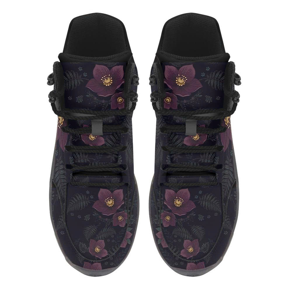 Vespertine Hiking Boots — plum hellebore and gold crescent moon print on midnight navy, top view