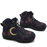 Vespertine Hiking Boots — plum hellebore and gold crescent moon print on midnight navy, 3/4 view