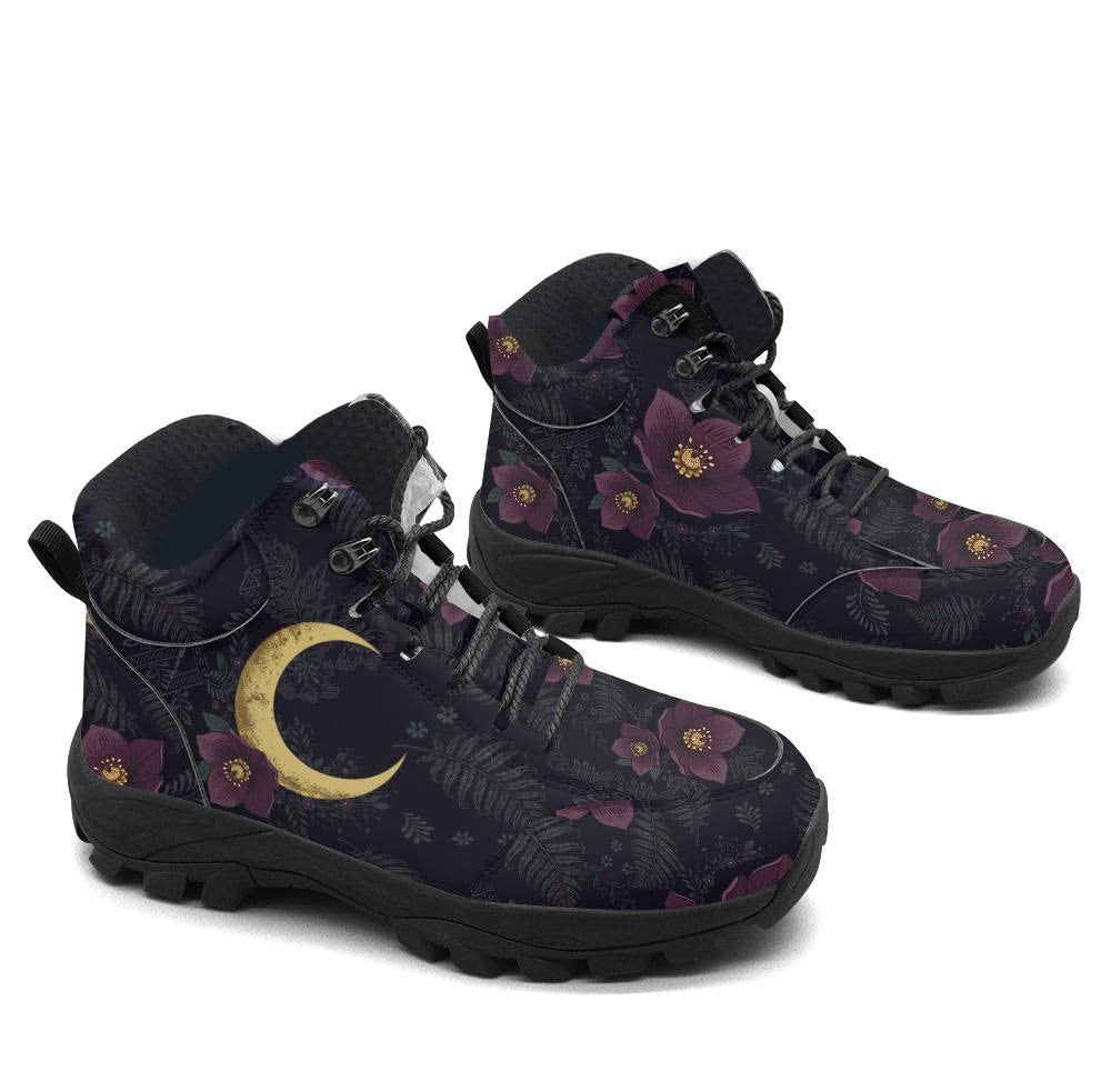 Vespertine Hiking Boots — plum hellebore and gold crescent moon print on midnight navy, 3/4 view