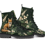 Vulpina Vegan Leather Boots — fox sentinel left boot, foxglove fern trillium koru botanical print, dark forest green