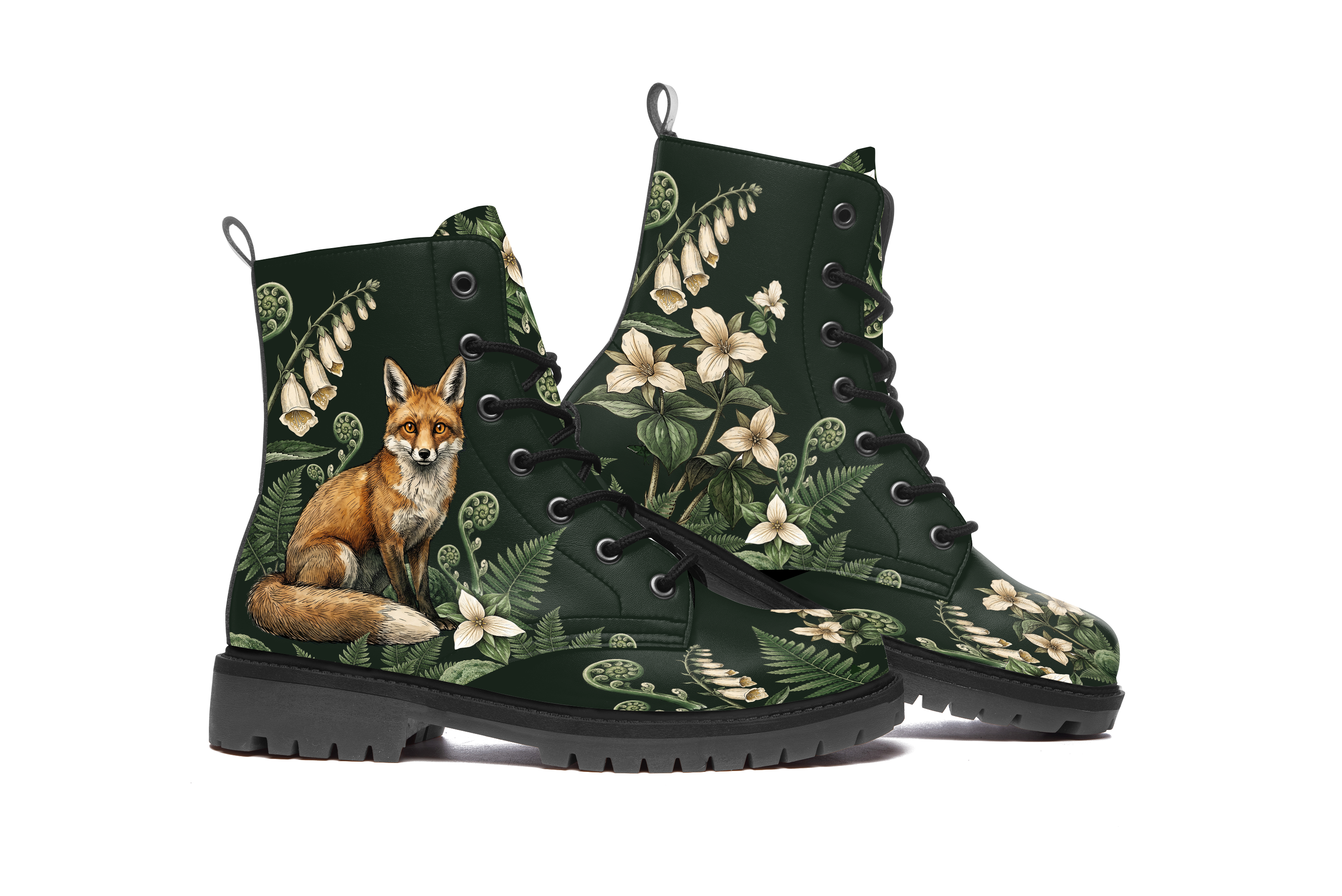 Vulpina Vegan Leather Boots — fox sentinel left boot, foxglove fern trillium koru botanical print, dark forest green
