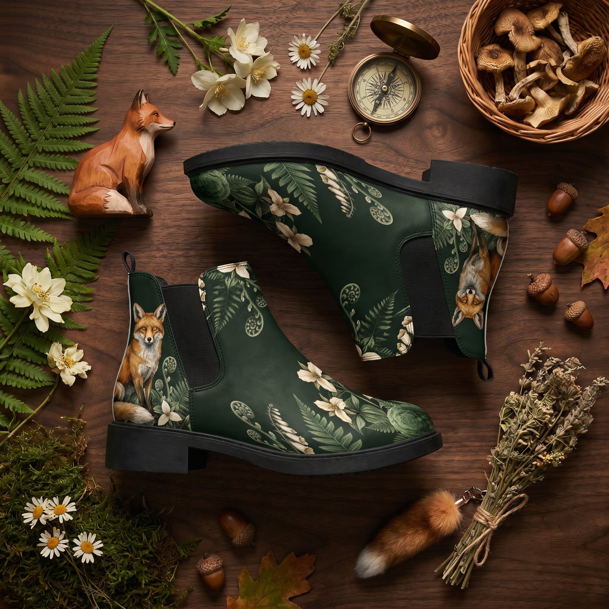 Vulpina Chelsea Boots - woodland flat lay with fox figurine ferns acorns wildflowers