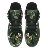 Vulpina Hiking Boots — red fox and woodland fern print on forest green, top view
