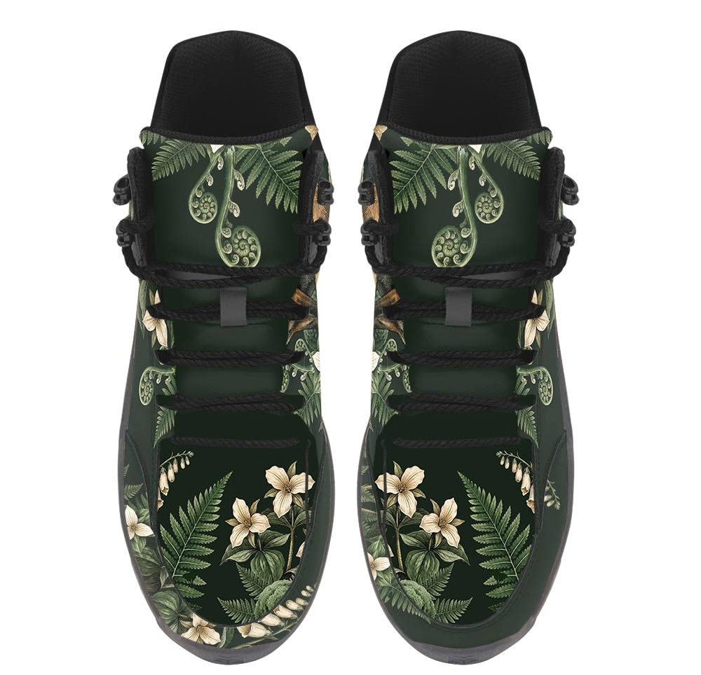 Vulpina Hiking Boots — red fox and woodland fern print on forest green, top view