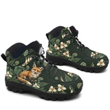 Vulpina Hiking Boots — red fox and woodland fern print on forest green, 3/4 view