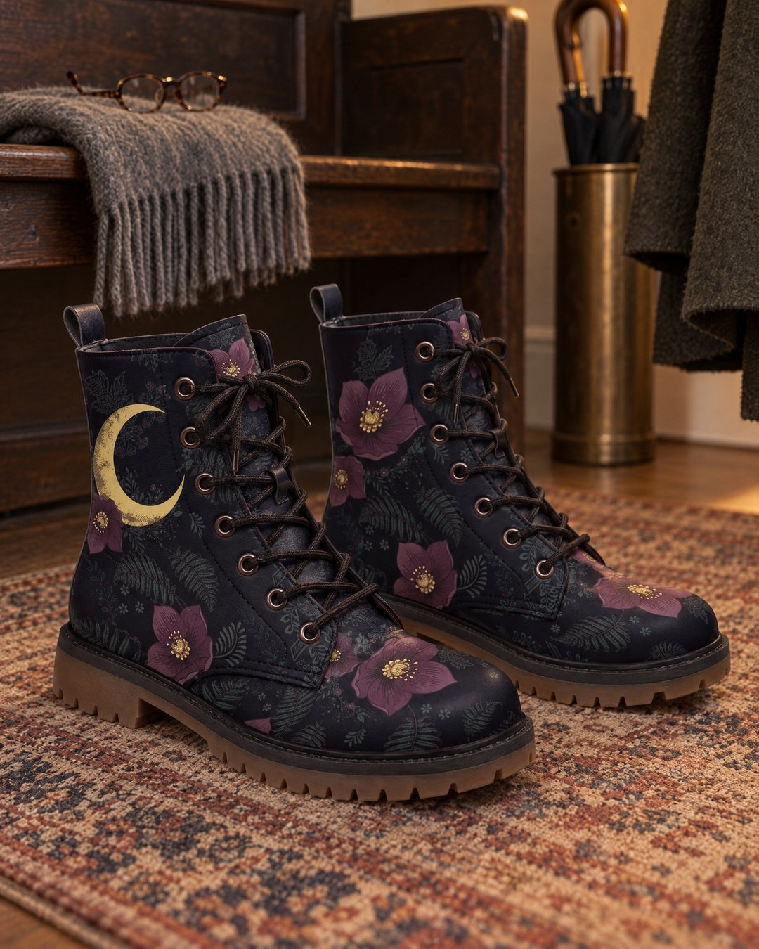 Vespertine boots standing on a rug in a warm hallway