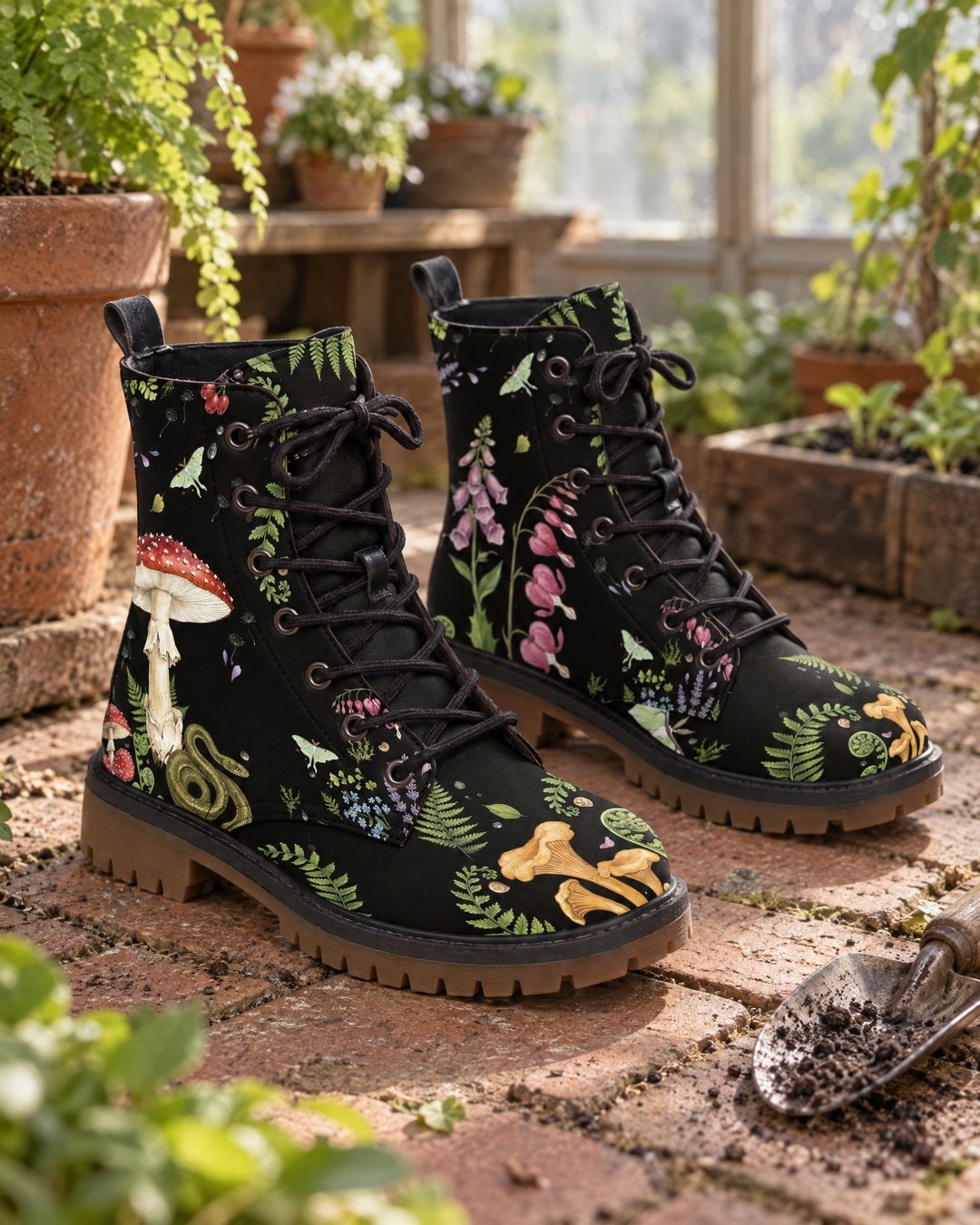 The broad, rounded toe boxes of a pair of Digitalis boots on a brick floor