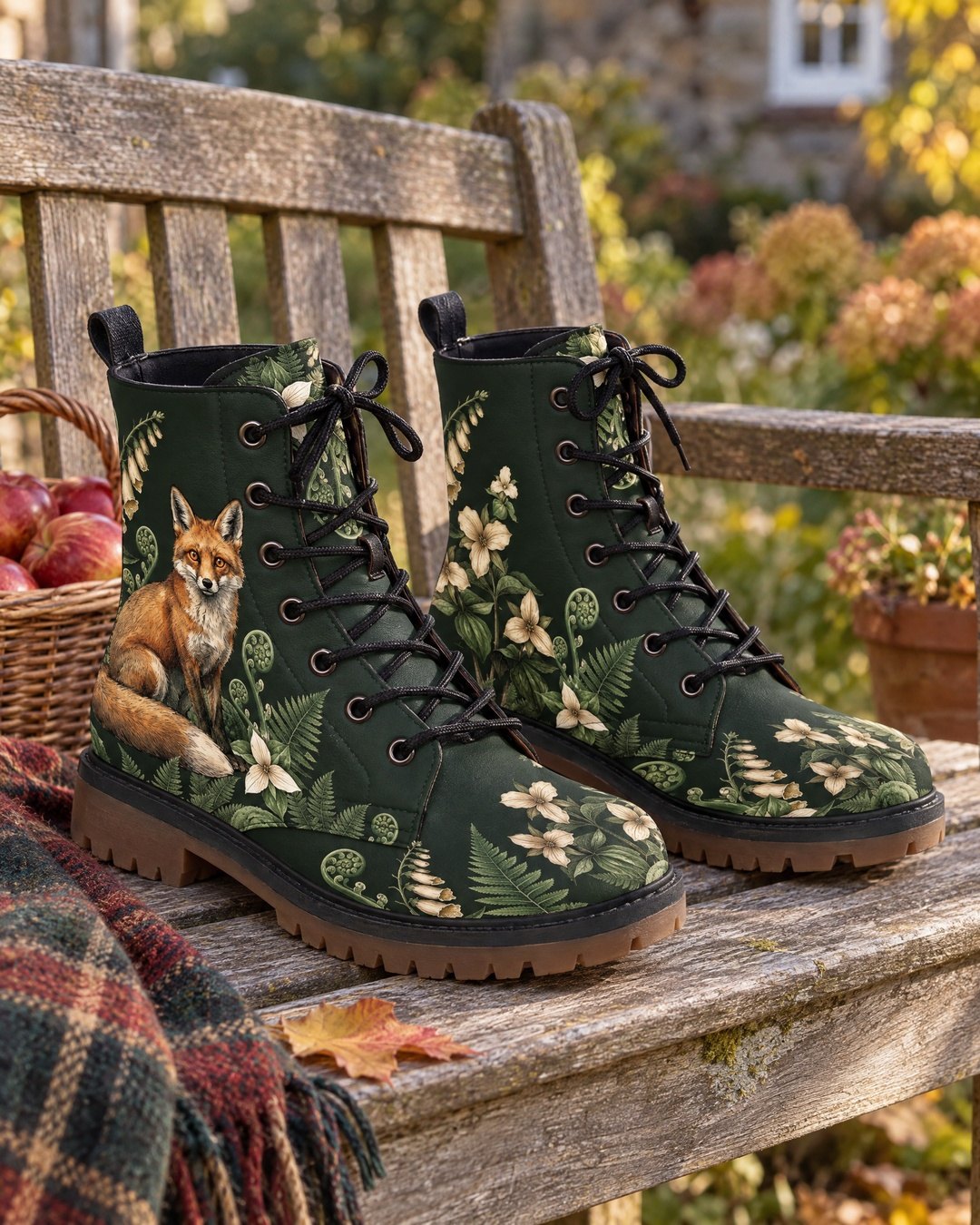 Vulpina fox-print boots on a garden bench beside a basket of apples and a tartan blanket