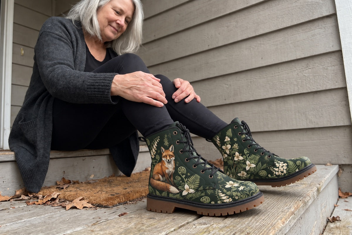 A silver-haired woman sitting on her porch steps, smiling down at her Vulpina fox-print boots