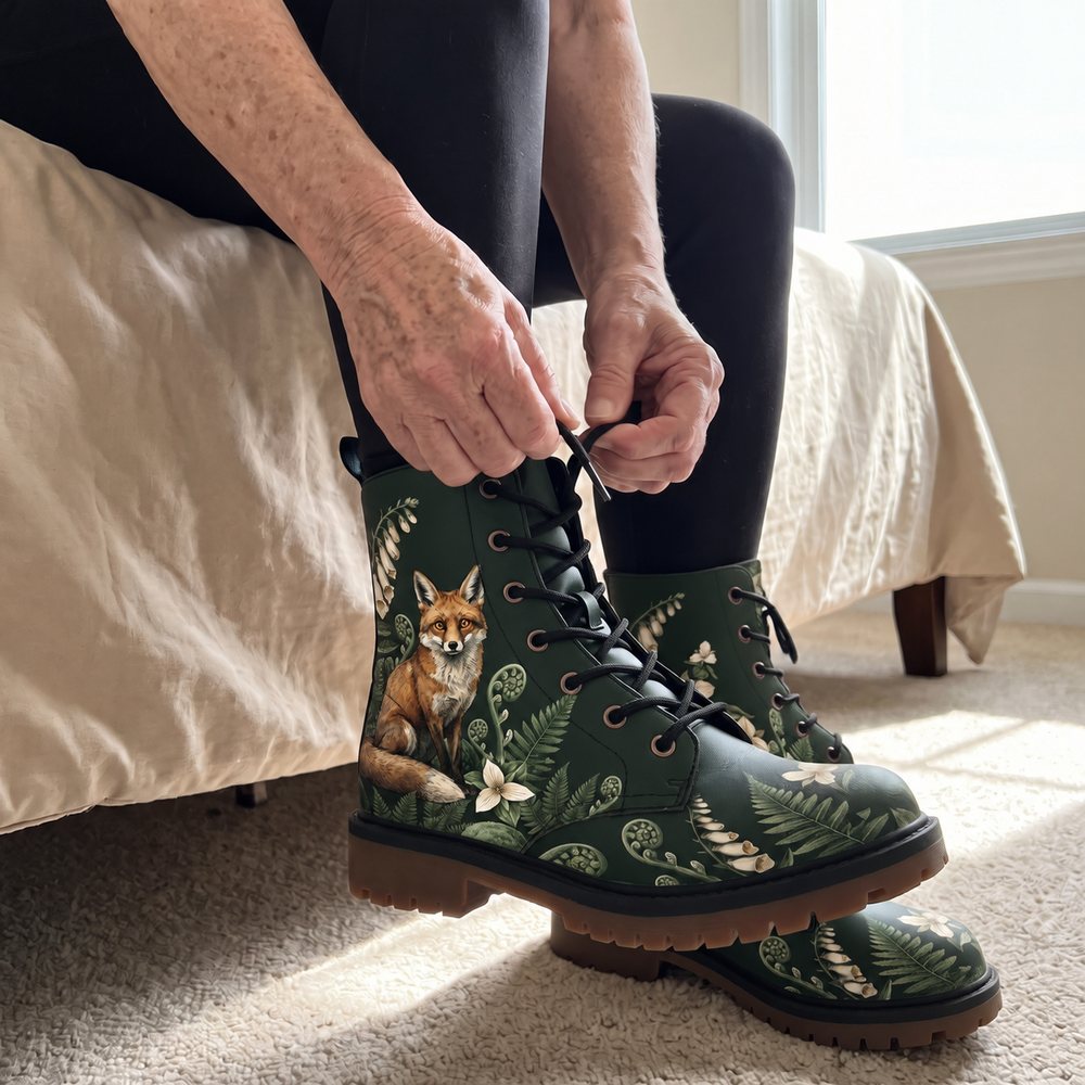 Lacing up a Vulpina boot while sitting on the edge of a bed