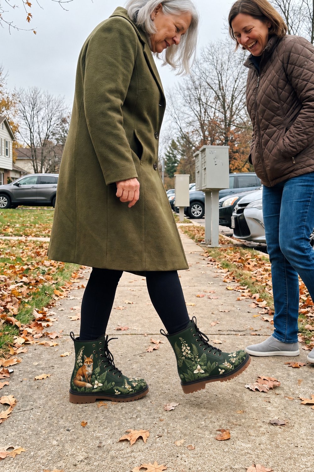 A woman in an olive coat showing her Vulpina boots to a friend on the sidewalk